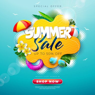 Flower ve Beach Tatil Elementleri ile Mavi Arkaplanda Yaz Satışı Sancak Tasarımı. Tropikal Tatil Vektörü Çiçek İllüstrasyonu Kupon, Makbuz, Flyer için Özel Teklif Tipografisi