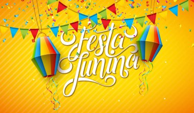 Parti Bayraklarıyla Festa Junina Illustration, Paper Lantern ve Typography Letter on Yellow Background. Vektör Brezilya Geleneksel Bayram Festivali Bayrak Tasarımı, Kutlama Kartı