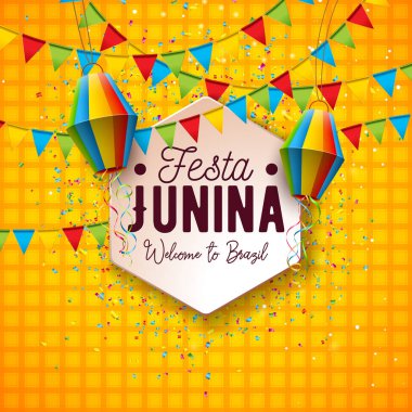 Renkli Kağıt Fenerli Festa Junina İllüstrasyonu ve Sarı Kareli Arkaplan Üzerine Tipografi Mektubu. Vector Festa de Sao Joao Brezilya Geleneksel Tatil Festivali Kutlama Tasarımı