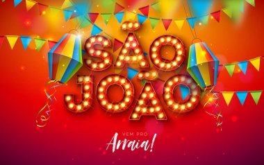Festa Junina Illustration with Paper Lantern, Party Flags ve Sao Joao Ampul Afişi Kırmızı Arkaplanda. Vektör Brezilya Haziran Festivali Tebrik Kartı, Bayrak veya Tatil Posteri Tasarımı