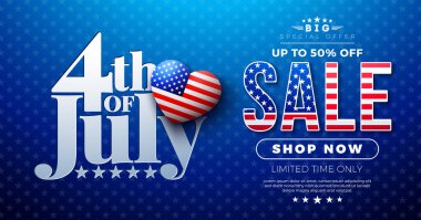 4 Temmuz Bağımsızlık Günü Bayrak Tasarımı Amerikan Bayrak Kalbi Sembolü ve Mavi Arkaplanda Typography Lettering. 4 Temmuz ABD Ulusal Bayram Vektör İllüstrasyonu Özel Teklif