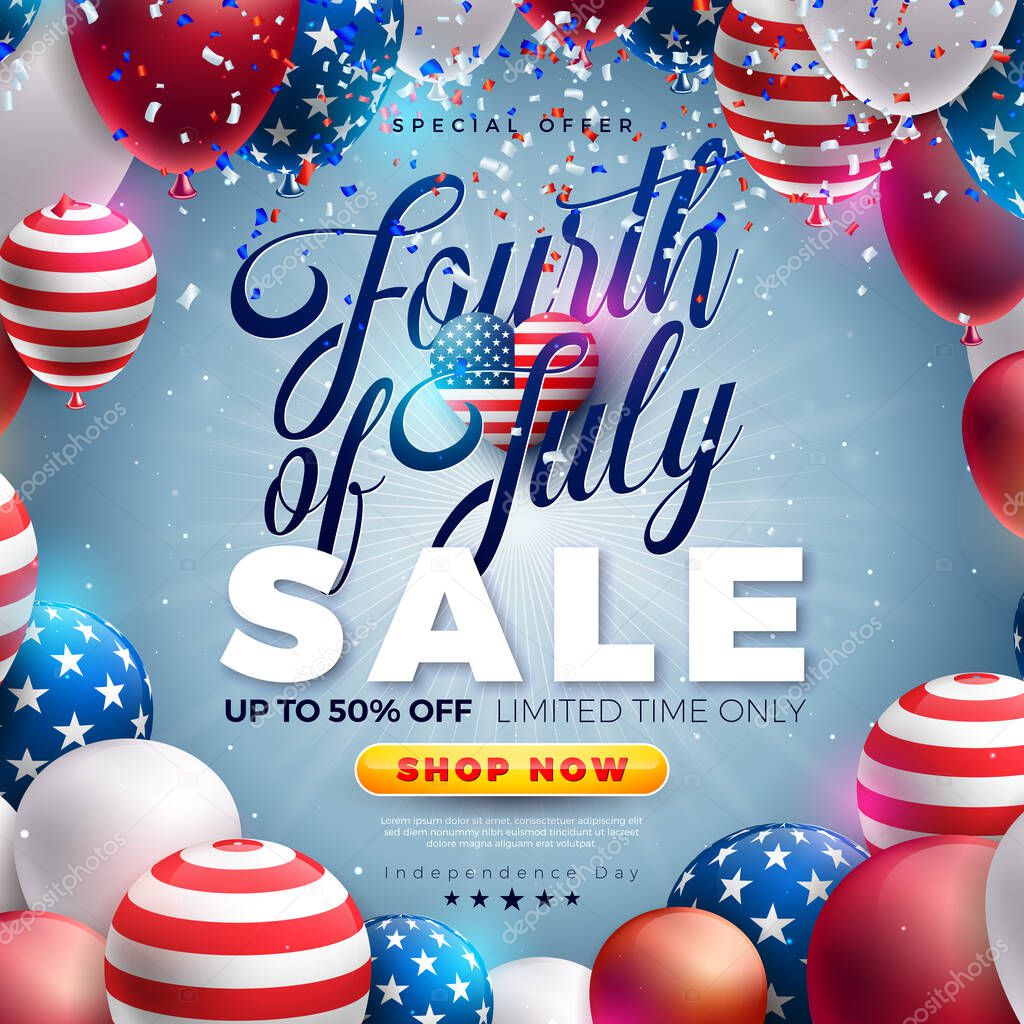 4th of July Independence Day Sale Banner Design with American Flag Pattern Heart and Party Balloon on Light Background. Fourth of July USA National Holiday Vector Illustration with Special Offer