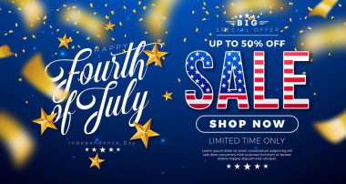 4 Temmuz Bağımsızlık Günü Bayrak Tasarımı Metin Etiketinde Amerikan Bayrağı ve Mavi Arkaplanda Düşen Konfeti. 4 Temmuz ABD Ulusal Bayram Vektör İllüstrasyonu Özel Teklif
