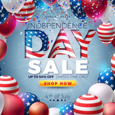 4 Temmuz Bağımsızlık Günü Bayrak Tasarımı Metin Etiketi ve Mavi Arkaplanda Parti Balonu ile. 4 Temmuz ABD Ulusal Bayram Vektör İllüstrasyonu Özel Teklif