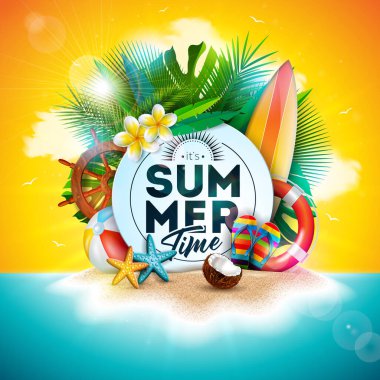 Okyanus Manzarası Sahili 'nde Yaz Saati İllüstrasyonu. Tropik bitkiler, çiçek, plaj topu, sörf tahtası, hindistan cevizi ve tipografi mektuplu güneş gözlüğü. Vektör Tatili