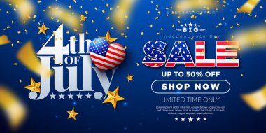 4 Temmuz Bağımsızlık Günü Bayrak Tasarımı Amerikan Bayrağı Kalbi ve Düşen Konfeti Mavi Arkaplanda. 4 Temmuz ABD Ulusal Tatil Vektörü İllüzyonu Özel Teklif Tipografisi