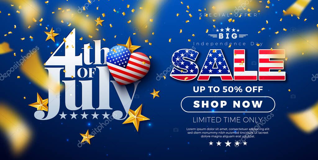 4th of July Independence Day Sale Banner Design with American Flag Heart and Falling Confetti on Blue Background. Fourth of July USA National Holiday Vector Illustration with Special Offer Typography