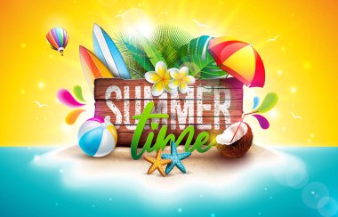 Çiçekli Yaz Tatili Tasarımı, Tropikal Palmiye Yaprakları ve Okyanus Manzarası Arkaplanındaki Plaj Tatil Elementleri. Vintage Ahşap Tahta Üzerine Tipografi Mektubuyla Vektör Tatil Resimleri