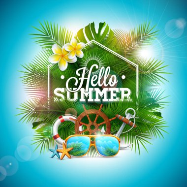 Plaj Tatil Elementleri, Çiçek ve Tropikal Palmiye Yaprakları ile Okyanus Mavi Arkaplan 'da Merhaba Yaz Resimleri. Pankart, Flyer için Typography Letter ile Vektör Tatil Tasarım Şablonu
