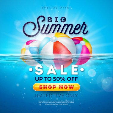 Wavy Water 'da Sahil Toplu Yaz Sancağı Tasarımı ve Gökyüzü Mavisi Arkaplan Üzerine Typography Letter. Tropikal Tatil Vektörü İllüstrasyonu Kupon, Makbuz, Flyer, Promosyon İçin Özel Teklif