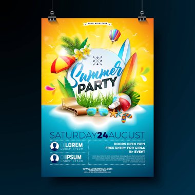 Vector Summer Beach Party Flyer Design with Flower and Typography Letter on Blue and Yellow Ocean Landscape Background. Yaz Doğa Çiçekleri, Tropikal Bitkiler, Plaj Balosu, Sörf Tahtası ve