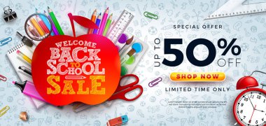 Alarm Saati, Apple Sembol ve Okul Malzemeleri El Çizimi Karalamalarıyla Okul Satış Tasarımı 'na Dönüş. Vector Education Business Concept Illustration with Special Offer Typography Elements