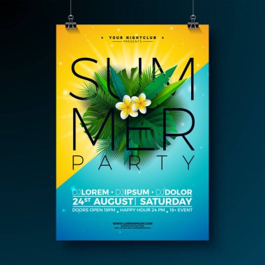 Çiçekli Vector Summer Beach Party Flyer Design ve Mavi ve Sarı Arkaplan Üzerine Typography Letter. Yaz Doğa Çiçekleri ve Tropikal Bitkiler. Banner, Flyer, Davet İçin Tasarım Şablonu