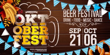 Oktoberfest Party Banner Illustration with Blue and White Bavaria Party Flag and Fresh Lager Beer in Typography Letter on Vintage Wooden Background. Geleneksel için Vektör Uçma Şablonu