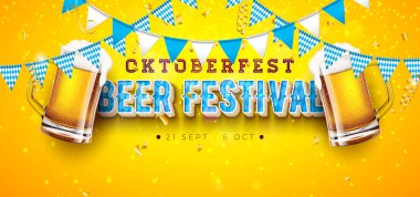 Oktoberfest Bira Festivali Banner Illustration with Fresh Lager Beer in the Barg, Bavyera Partisi Flag Garland and 3d Typography Lettering on Yellow Background. Vektör Geleneksel Alman Kutlama Uçucusu