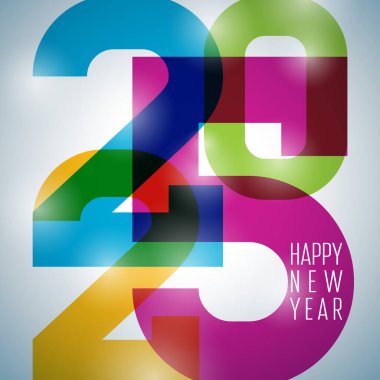 Beyaz Arkaplanda Renkli Typography Lettering ile 2025 Mutlu Yeni Yıl İllüstrasyonu. El ilanı, tebrik kartı, bayrak, kutlama posteri, parti daveti veya