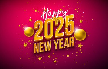 3D Typography Lettering, Noel Balosu ve Kırmızı Arkaplan 'da Altın Yıldız ile 2025 Mutlu Yıllar İllüzyonu. Tatil Tasarımı veya Flyer, Banner, Tebrik Kartı, Kutlama Posteri, Parti daveti veya