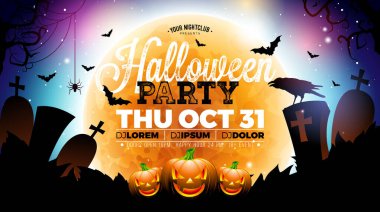 Gece Mavisi Mezarlığında Korkunç Yüzlü Balkabaklarıyla Cadılar Bayramı Afişi. Uçan Yarasalar ve Teftiş Mektuplarıyla Vektör Tatil Tasarım Şablonu, Parti Davetiyesi