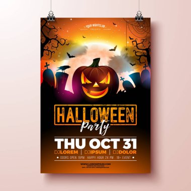 Kızıl Mezarlık Arkaplanında Korkunç Yüzlü Balkabağı ve Ay 'la Cadılar Bayramı Banner Illustration. Uçan Yarasalar ve Teftiş Mektuplarıyla Vektör Tatil Tasarım Şablonu, Parti Davetiyesi