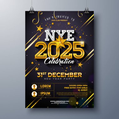 Mutlu yıllar 2025 Parti Kutlama Poster Şablonu İllüstrasyonları Altın Typography Lettering on Black Background. Vektör Yeni Yıl Tatil Tasarımı. Premium Davet Pilotu ya da Tanıtım SancağıName