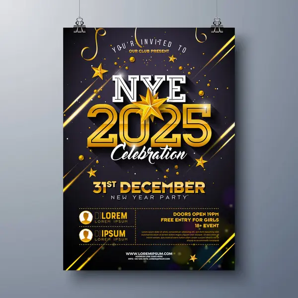 Mutlu yıllar 2025 Parti Kutlama Poster Şablonu İllüstrasyonları Altın Typography Lettering on Black Background. Vektör Yeni Yıl Tatil Tasarımı. Premium Davet Pilotu ya da Tanıtım SancağıName