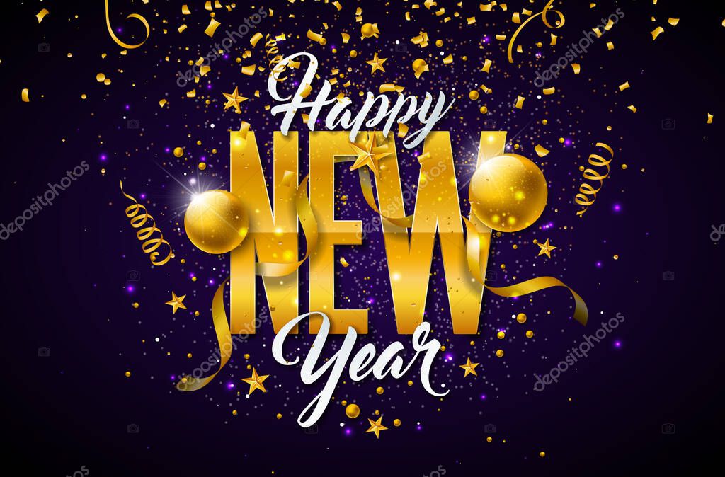 Happy New Year 2025 Illustration with Golden Typography Lettering and Christmas Ball on Falling Confetti Background. Winter Holiday Design for Flyer, Banner, Greeting Card, Celebration Poster, Party