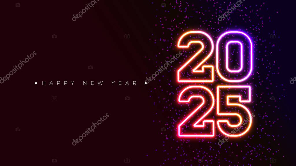 Happy New Year 2025 Illustration with Glowing Neon Light Number on Dark Background. Vector Christmas Holiday Season Design for Flyer, Greeting Card, Banner, Celebration Poster, Party Invitation