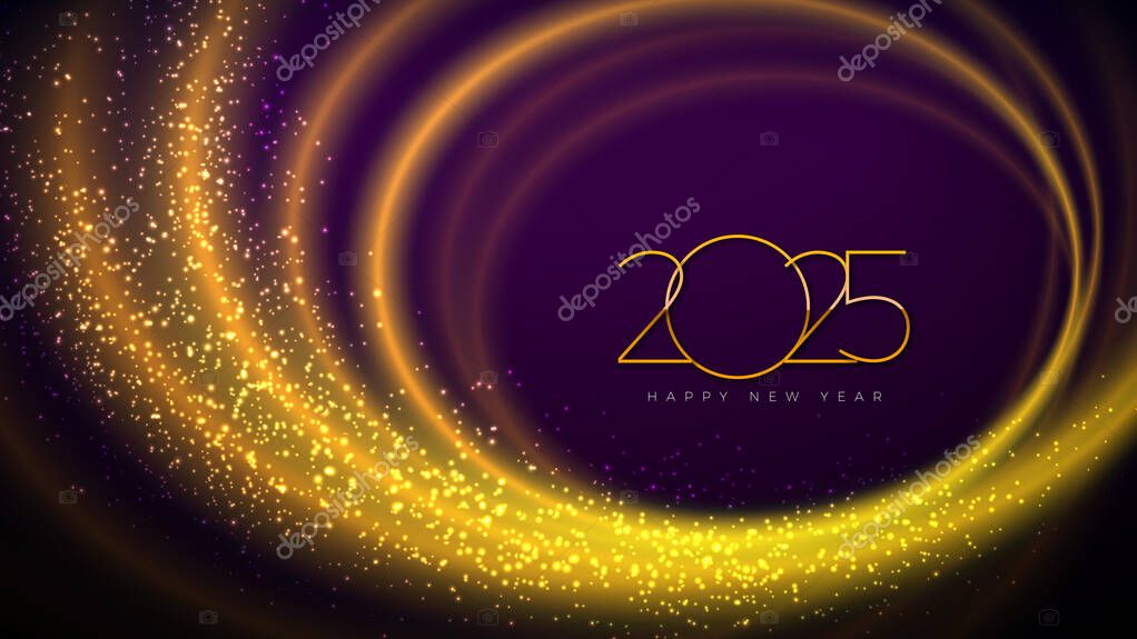 Happy New Year 2025 Illustration with Golden Number and Shiny Gold Wave Design Element on Dark Background. Vector Christmas Holiday Season Design for Flyer, Greeting Card, Banner, Celebration Poster
