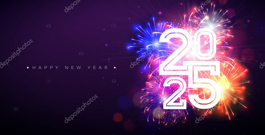 2025 Happy New Year Banner Illustration with White Number and Fireworks on Night Blue Background. Holiday Design with Typography Lettering for Flyer, Greeting Card, Celebration Poster, Party