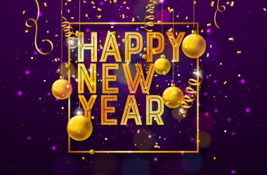 2025 Altın Typography Lettering, Christmas Ball ve Falling Confetti 'nin Yıldızı ile Mutlu Yıllar İllüzyonu. Uçan, Bayrak, Tebrik Kartı, Kutlama Posteri İçin Kış Tatili Tasarımı