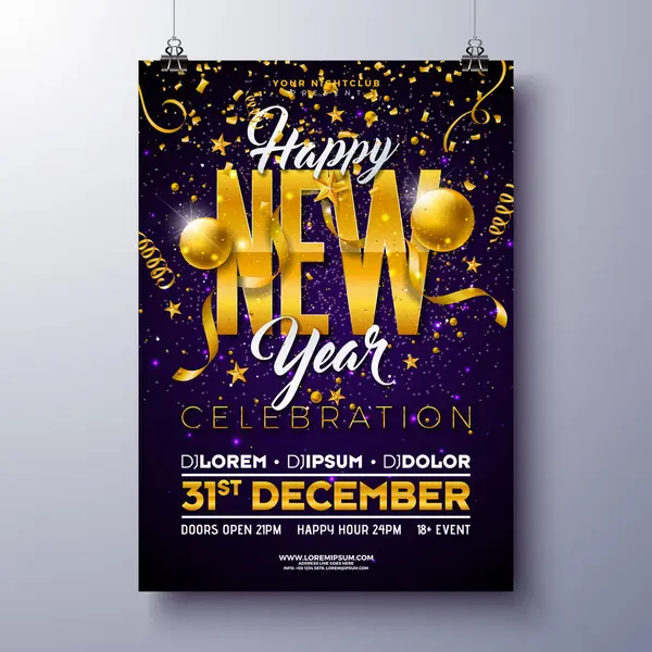 Mutlu yıllar 2025 Parti Kutlama Poster Şablonu Altın Typography Lettering ve Karanlık Violet Arkaplanda Noel Balosu. Vektör Yeni Yıl Tatil Pilotu Tasarımı. Premium