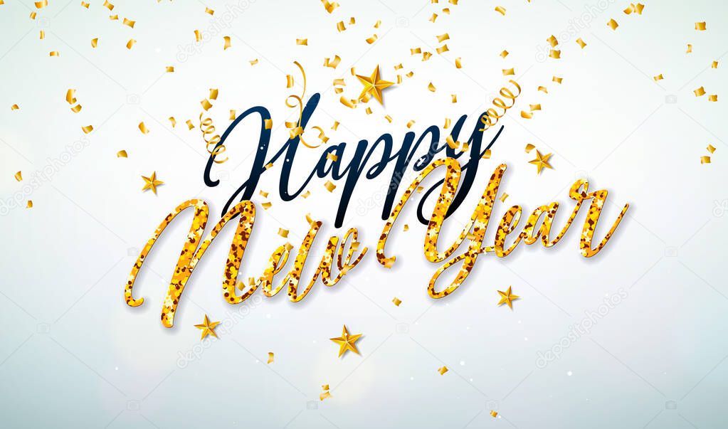 Happy New Year 2025 Banner Illustration with Gold Glittered Typography Lettering and Falling Confetti on White Background. Christmas Holiday Design for Flyer, Greeting Card, Celebration Poster, Party