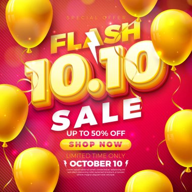 10 Ekim Alışveriş Günü Flash Satış Tasarımı 3d 10.10 Numarası ve Kırmızı Düşen Konfeti Arkaplanında Parti Balonu. Vektör Özel Teklif Kupon için% 50 indirimli İndirim