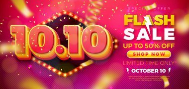 10 Ekim Alışveriş Günü Flash Satış Tasarımı 3d 10.10 Numarası ve Düşen Konfeti Arkaplanında Ampul Billboard. Vektör Özel Teklif Kupon için% 50 indirimli İndirim