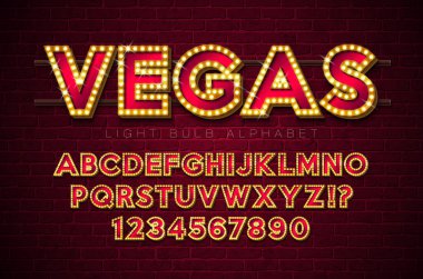 Altın çerçeveli Ampul Alfabesi ve Eski Tuğla Duvarda Gölge. Parlak Parlak Parlak Işıklı Parlak Retro Vector Yazı Tipi Koleksiyonu. ABC ve Casino, Gece Kulübü veya Sinema için Numara Tasarımı