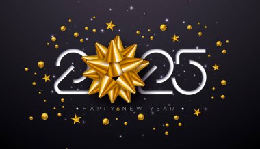 Yeni Yılınız kutlu olsun. Tipografi Mektubu, Altın Noel Süsü ve Siyah Arkaplanda Cam Balo. El ilanı, bayrak, tebrik kartı, kutlama posteri, parti için tatil tasarımı