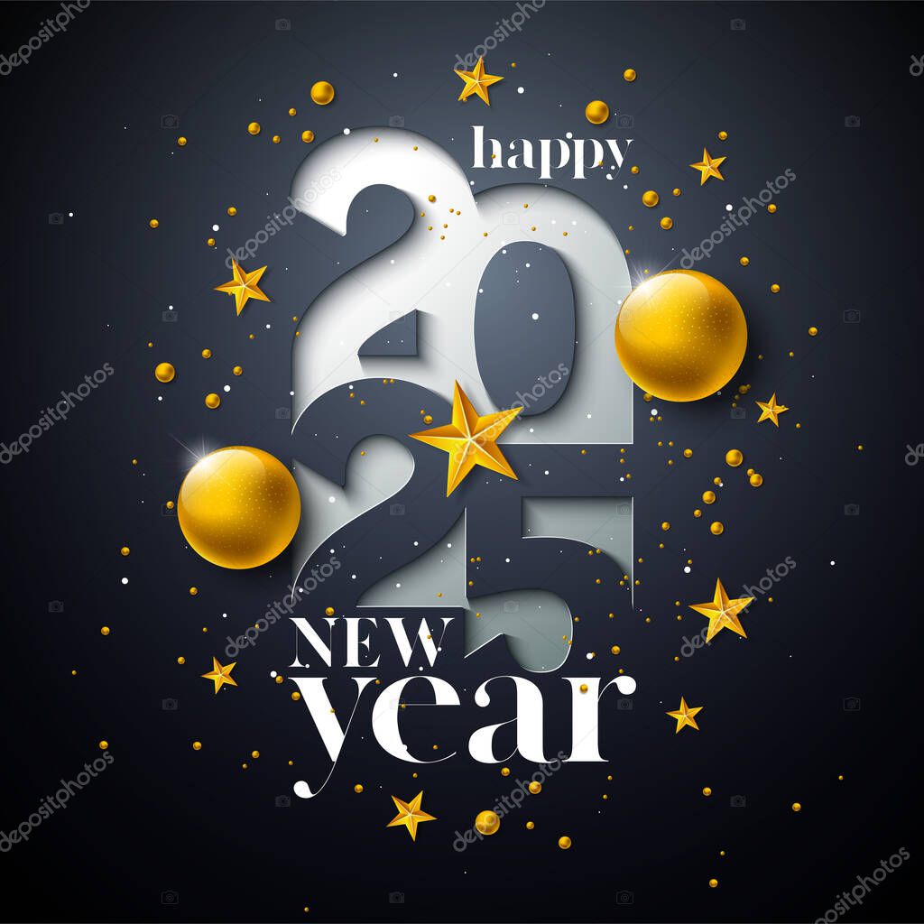 Happy New Year 2025 Banner Illustration with Typography Lettering and Christmas Ball on Black Background. Holiday Design for Flyer, Greeting Card, Celebration Poster, Party invitation, Calendar and