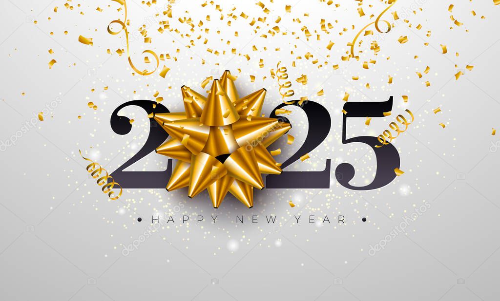 2025 Happy New Year Illustration with Number Typography Letter, Gold Christmas Ornament and Falling Confetti on White Background. Holiday Design for Flyer, Banner, Greeting Card, Celebration Poster