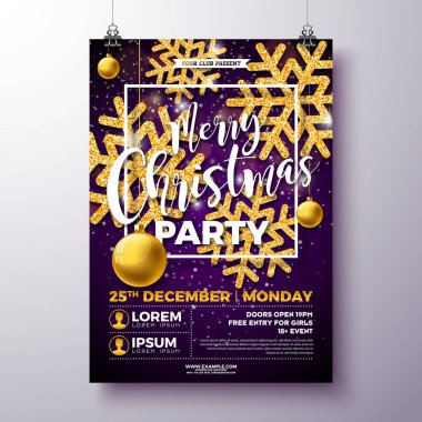 Süslü Cam Top ve Parlak Arkaplanda Parlayan Kar Tanesi ile Mutlu Noeller Parti Pilotu Tasarımı. Tatil Sezonu Kutlama Posteri İllüstrasyonu Typography Letter for Greeting