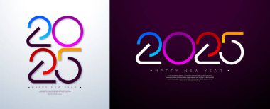 Beyaz ve Siyah Arkaplan Üzerine Renkli Typography Lettering ile Mutlu Yıllar 2025 İllüstrasyon Seti. Flyer, Banner, Tebrik Kartı, Kutlama Posteri, Parti Davetiyesi, Takvim