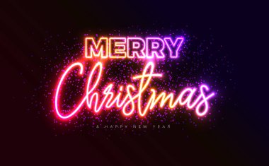 Mutlu Noeller ve Parlayan Neon Işığı Typography Lettering on Black Background ile Mutlu Yeni Yıl Resimleri. Vektör Tatil Sezonu Kutlama Kartı, Parti Pilotu, Kutlama Posteri Tasarımı