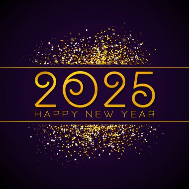 2025 Altın Sayılı Tipografi Harfleri ile Yeni Yıl İllüzyonunuz Karanlık Parıltılı Konfeti Arkaplanı. El ilanları, afişler, tebrik kartları, kutlama posterleri, parti için Noel Tatili Tasarımı