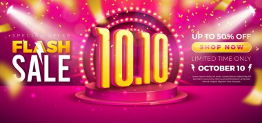 10 Ekim Alışveriş Günü Flash Satış Tasarımı 3d 10.10 Numara, Ampul Billboard ve Kırmızı Arkaplanda Sahne Podyumu. Vektör Özel Teklif Kupon için% 50 indirimli İndirim