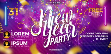 Yeni yılınız kutlu olsun Parti Bayrak Şablonu Düşen Konfeti Arkaplanındaki Typography Lettering ile birlikte. Vektör Yeni Yıl Arifesi ve Noel Tatil Pilotu Tasarımı. Premium Daveti
