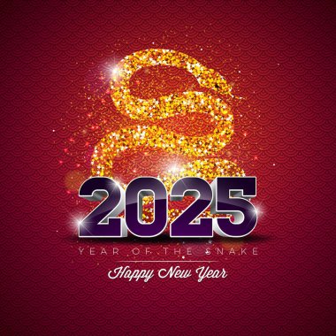 Parlayan Yılan Zodiac İşareti ve Parlayan Arkaplanda Düşen Konfeti ile Mutlu Çin Yeni Yıl Sancakları 2025. Ay Yılbaşı Geleneksel Tasarımı Çin Dili Yılan Uçma ve Selamlama Sembolü