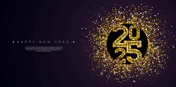 Yeni yılın kutlu olsun 2025 Banner Illustration with Gold Slittered Number on Dark Forground. El ilanları, tebrik kartı, kutlama posteri, parti davetiyesi için tipografi içeren Noel Tatili Tasarımı