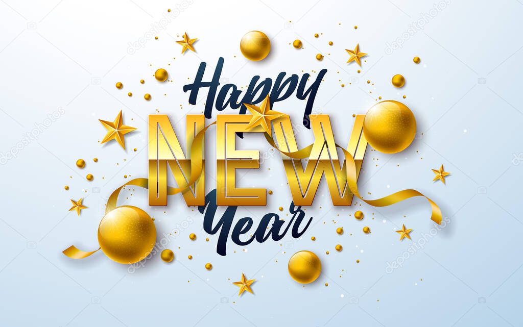 Happy New Year 2025 Illustration with Golden Typography Lettering and Christmas Ball on Falling Confetti Background. Winter Holiday Design for Flyer, Banner, Greeting Card, Celebration Poster, Party