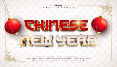 Çin Yeni Yıl 3D Metin Efekti Tasarımı. Düzenlenebilir ve Ölçeklenebilir Boyutlandırılabilir Grafik Biçimi Efekti ile Kırmızı ve Beyaz Ölçekli Altın Çerçeve Harfleri Arkaplanı. Ay Yeni Yılı