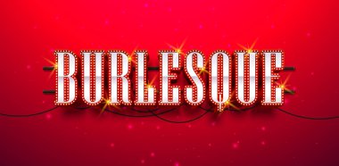 Vektör 3d Kırmızı Arkaplan 'da Kablo ve Tutma Konsolu ile birlikte Ampul Burlesque Typography Lettering. Parlayan Retro Billboard Tasarımı Kumarhane Sancağı için Parlak Parlak Işıklar, Gece Kulübü Posteri