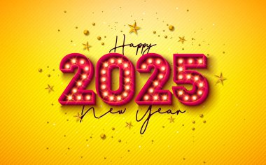 3d Parlayan Ampul Billboard Billboard Mektupları ve Sarı Arkaplanda Altın Noel Baloları ile 2025 Yılınız Kutlu Olsun. Parti Pilotu Tatil Tasarımı, Kutlama Bayrağı, Kutlama